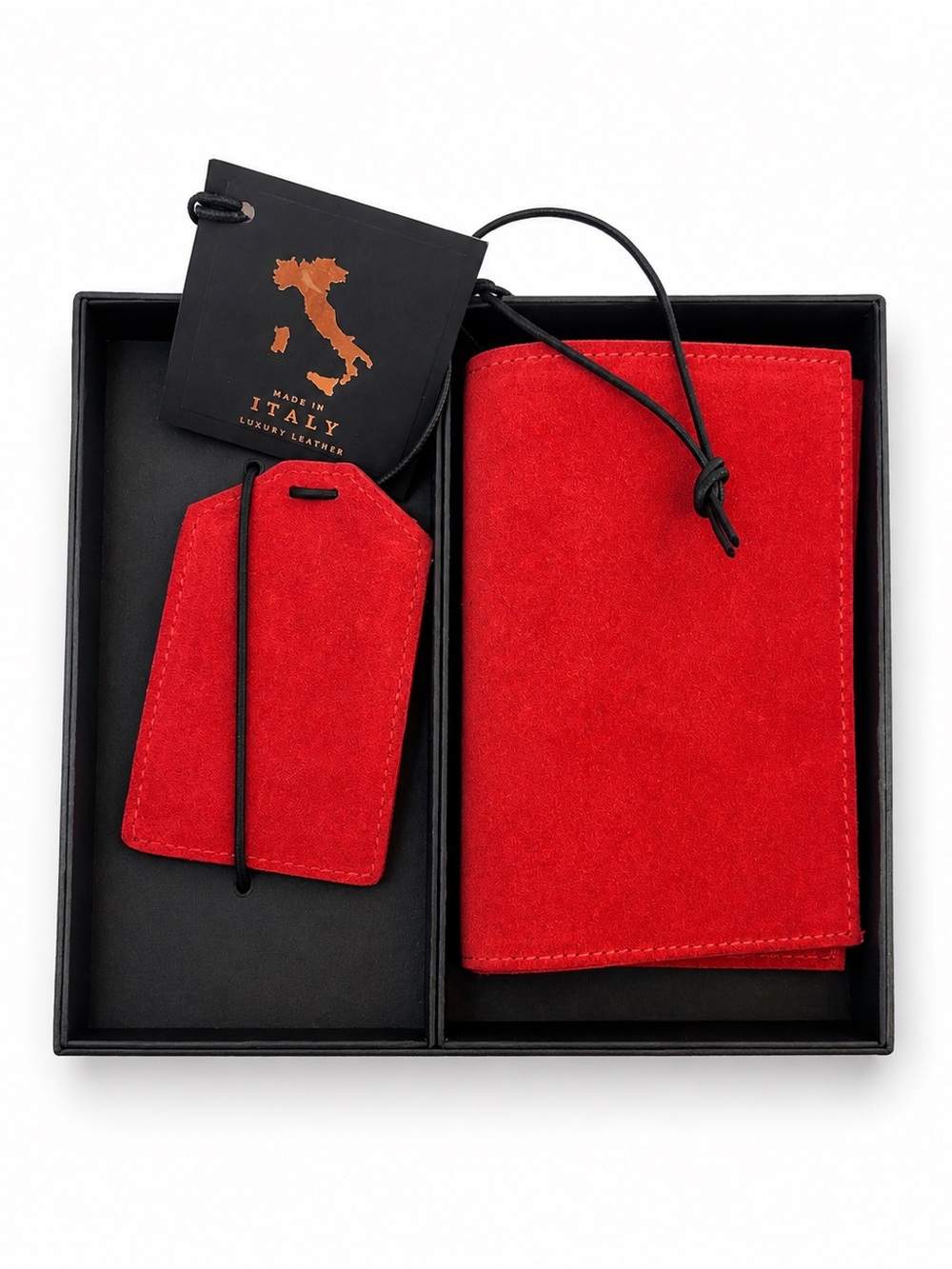 Italian Red Suede Travel Wallet with Matching Luggage Tag in Box